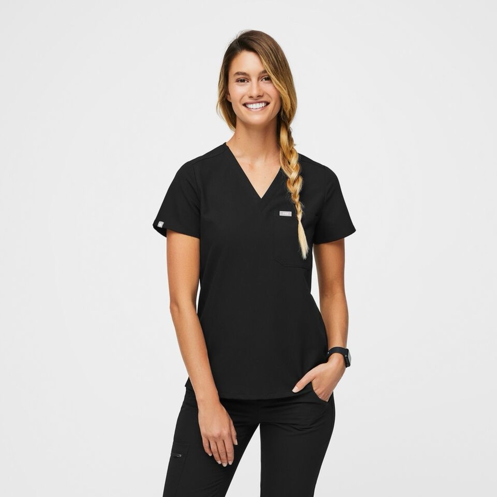 FIGS. Women’s scrub top, Catalina, black. One pocket.